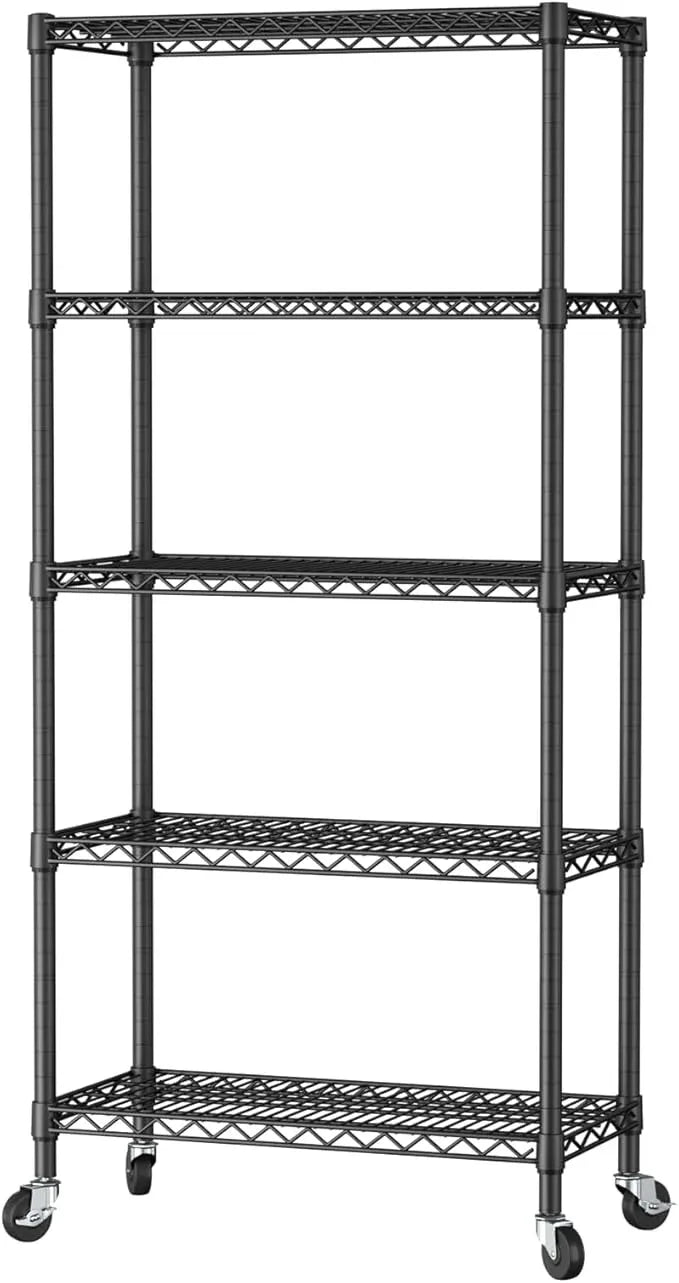 SINGAYE 5 Shelf Adjustable Heavy Duty Storage Shelving Unit with Wheels Steel Organizer Wire Rack Shelves Bathroom Organizers and Shelf Wire Closet Metal Pantry Kitchen Garage 14" DX30 WX70 H Black - ModernBath