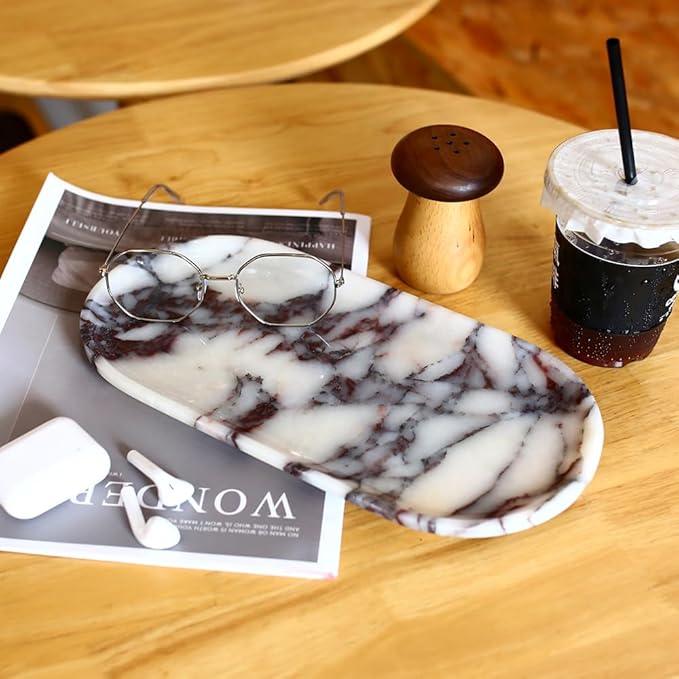 Natural Marble Tray, Coffee Table, Food, Fruit, Paper Cup, Cake Display, Coffee bar, Family Gatherings, Seasonal Holiday Decoration Tray(Viola-oval-11 x5 x0.7) - ModernBath