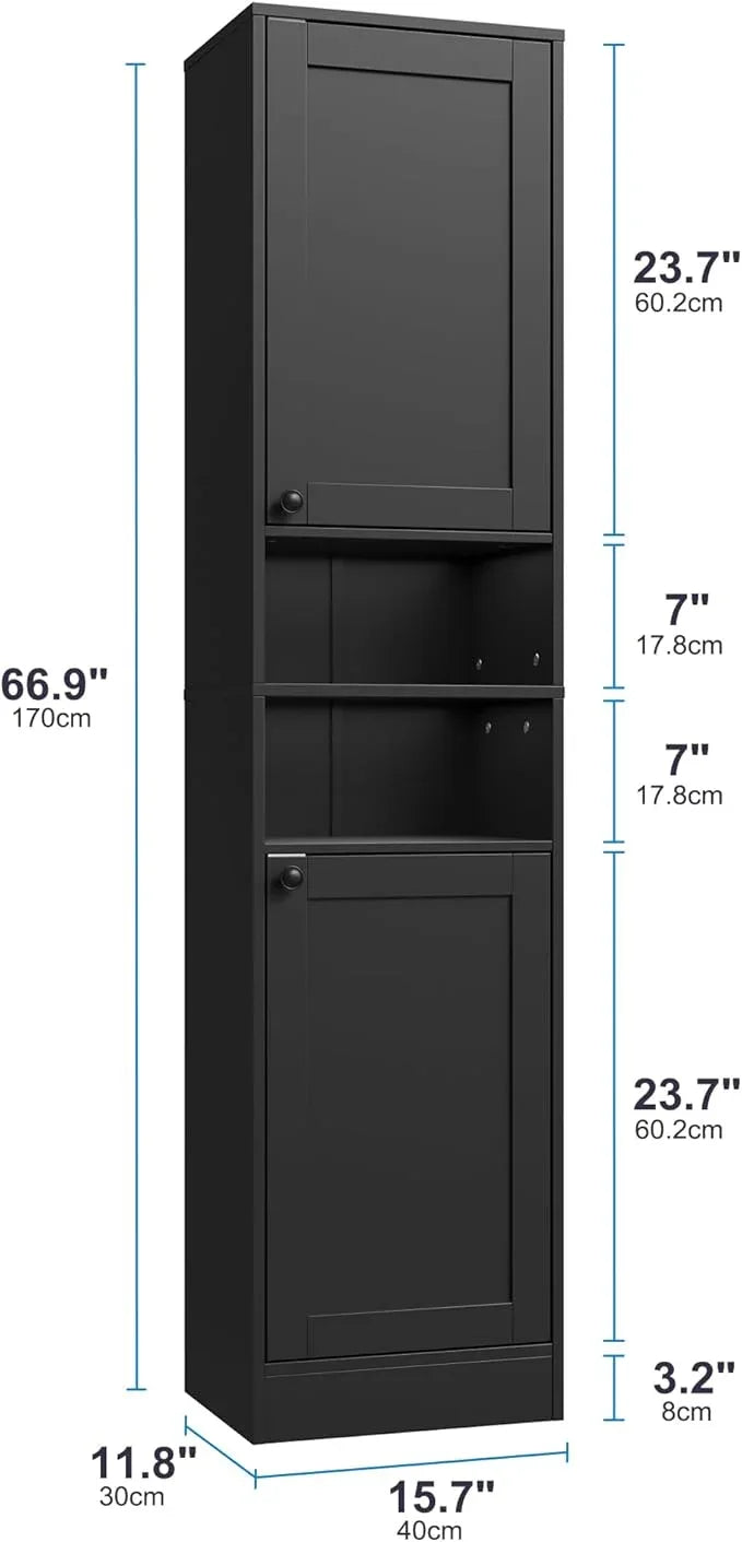 67" Tall Bathroom Cabinet with 2 Doors, Narrow Freestanding Floor Cabinet, Slim Storage Unit with Adjustable Shelves for Bathroom, Living Room, Entryway, Kitchen, Black - ModernBath