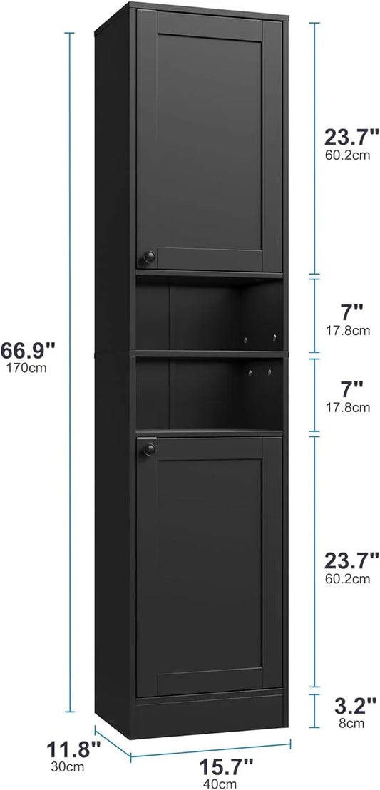 67" Tall Bathroom Cabinet with 2 Doors, Narrow Freestanding Floor Cabinet, Slim Storage Unit with Adjustable Shelves for Bathroom, Living Room, Entryway, Kitchen, Black - ModernBath