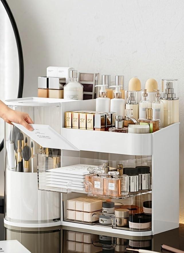 Makeup Organizer with Rotating Brush Holder Cosmetic Organizer with Drawers Countertop Skincare Organizer for Vanity,Cosmetic Display Case Storage (White, Large) - ModernBath