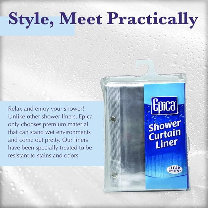 Epica Shower Curtain – Strongest Heavy-Duty Clear Vinyl 72x72 Shower Curtain Liner – Stain & Soap Scum Resistant with Rust-Proof Metal Grommets (Clear) - ModernBath