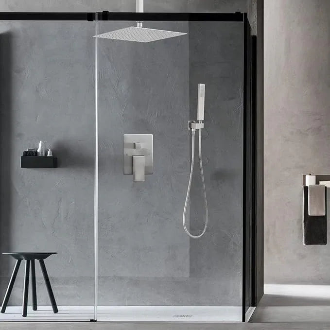 JingGang 12 Inch Ceiling Mount Brushed Nickel Shower System Bathroom Luxury Rain Mixer Shower Combo Set Ceiling Rainfall Shower Head System (Contain Shower Faucet Rough-in Valve Body and Trim Kit) - ModernBath