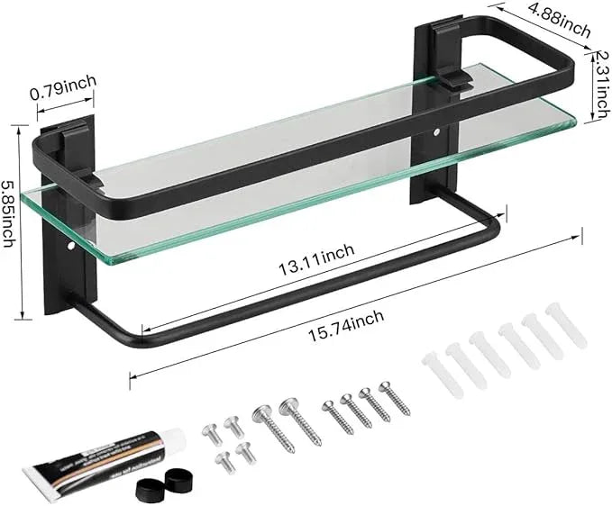 VOLPONE Bathroom Glass Shelf with Towel Bar Black Bathroom Shelf Wall Mount Rustproof Bathroom Wall Organizer Towel Rails1 Tier (Black) - ModernBath
