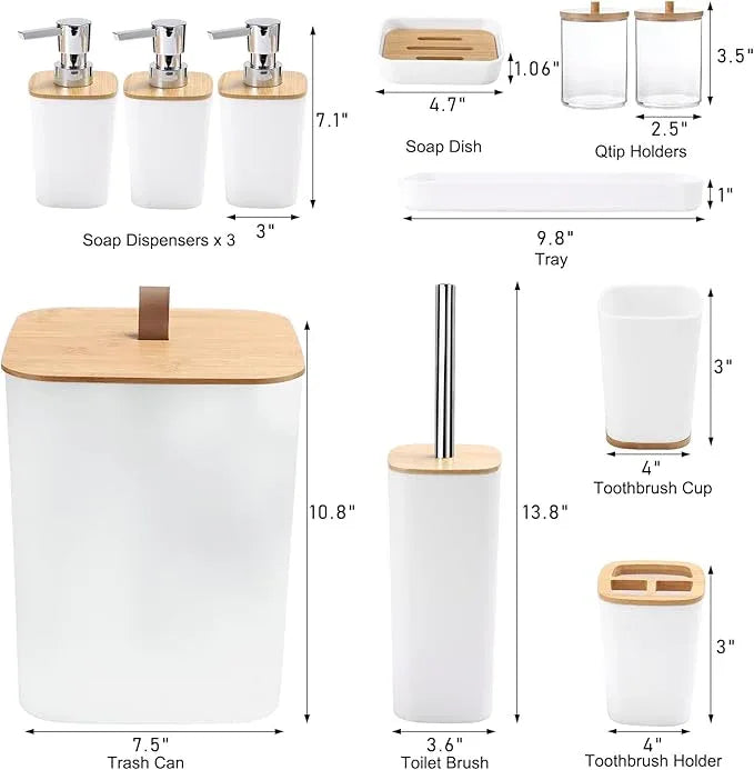 XLHOMO White Bathroom Accessories, Bathroom Accessories Set with Trash Can, Soap Dispenser, Toothbrush Holder, Toothbrush Cup, Soap Dish, Toilet Brush, Tray and Q-tip Holders for Housewarming - ModernBath