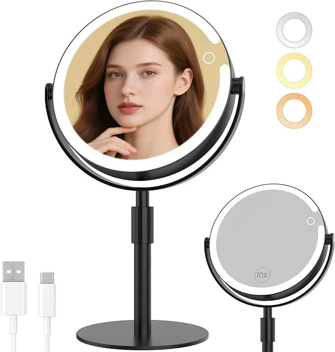 FRANO Makeup Mirror with Lights, 8" Double Sided 1x/10x Magnifying Vanity Mirror with 3 Color Lights, Rechargeable, 360° Rotation and Adjustable Height, Gift for Women Her - ModernBath
