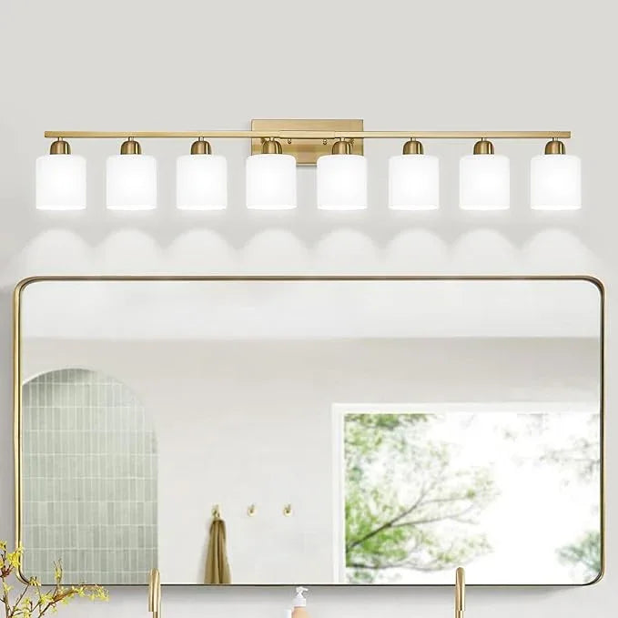 8 Light Bathroom Light Fixtures Gold for Big Mirror, Brushed Gold Vanity Lights for Bathroom with Milky White Frosted Glass Shades, 51 inch Wall Sconce for Mirrors Living Room Bedroom - ModernBath