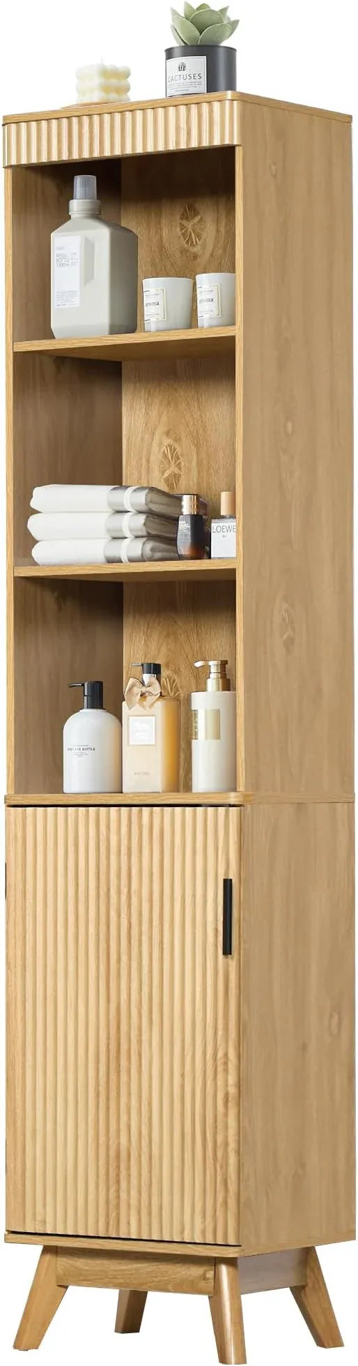 68" Tall Bathroom Storage Cabinet,Narrow Fluted Tower Cabinet with Door and Shelves,Slim Space Saving Storage Unit for Bathroom Kitchen Living Room (Natural, 11.8" D x 15.75" W x 68" H) - ModernBath