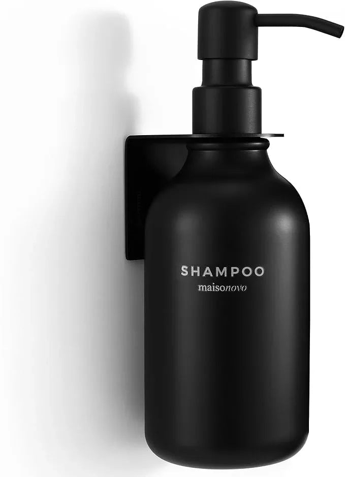 MaisoNovo Shampoo and Conditioner Dispenser - Shower Soap Dispenser Wall Mounted - 16.9 fl oz Set of 1 Black Plastic Bottles Black Pump - 1 Chamber No Drill - ModernBath