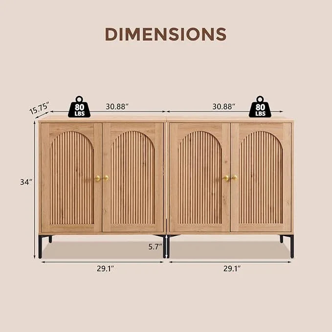 Bathroom Cabinet with Storage, 61.75" W Fluted Arched Free Standing Floor Cabinet w/Adjustable Shelves, Modern Sideboard Cabinet for Bathroom, Kitchen, Living Room, Entryway, Natural - ModernBath