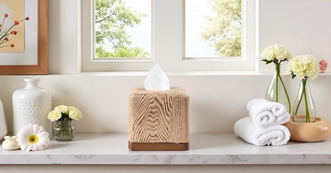 Hymmah Wooden Texture Square Tissue Box Cover Cube Tissue Holder Unique Design Klenex Box Dispenser for Bathroom Vanity Counter Tops Also Great for Bedrooms and Living Rooms - ModernBath