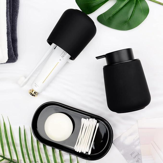 Black Bathroom Accessories Set 3 pcs - Ceramic Foaming Bathroom Soap Dispenser Set Farmhouse Black Bathroom Decor, Foam Soap Dispenser and Toothbrush Holder/Tumbler Cup, Tray - ModernBath