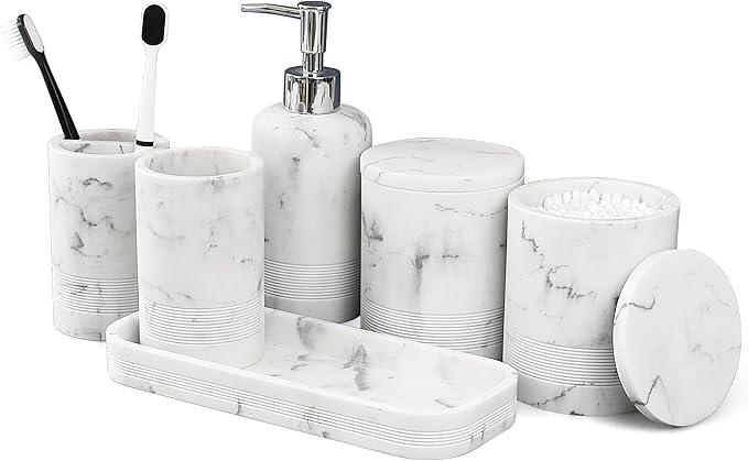 LIN CHUAN 6-Piece Bathroom Accessories Set, Organizer Set with Soap Dispenser, Toothbrush Holder Set, Vanity Tray, Tumbler & 2 Cotton Swab Jars – Modern Stylish Bathroom Storage(Marble White) - ModernBath