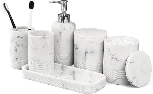 LIN CHUAN 6-Piece Bathroom Accessories Set, Organizer Set with Soap Dispenser, Toothbrush Holder Set, Vanity Tray, Tumbler & 2 Cotton Swab Jars – Modern Stylish Bathroom Storage(Marble White) - ModernBath
