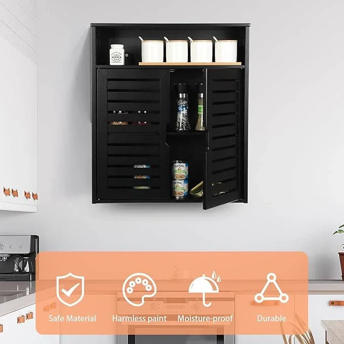 HYNAWIN Wall-Mounted Black Bathroom Cabinet with Double Doors, Bamboo Storage Shelf Organizer for Kitchen, Living Room, or Bathroom - ModernBath