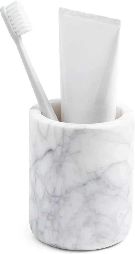 Cork & Mill Marble Toothbrush Holder Cup for Bathroom, Real White Marble Stone Bathroom Accessory, Aesthetic Decorative Countertop Organizer for Tooth Brush & Toothpaste - ModernBath