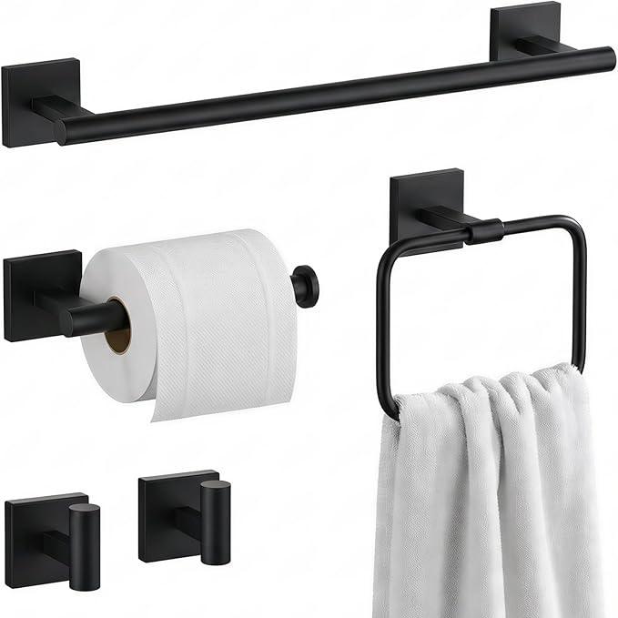 16" Matte Black Bathroom Hardware Accessories Set 5-Piece for RV Camper, SUS304 Stainless Steel Rustproof Towel Bar Kit, Durable Powder Coated Finish with 2 Robe Hooks (Matte Black) - ModernBath