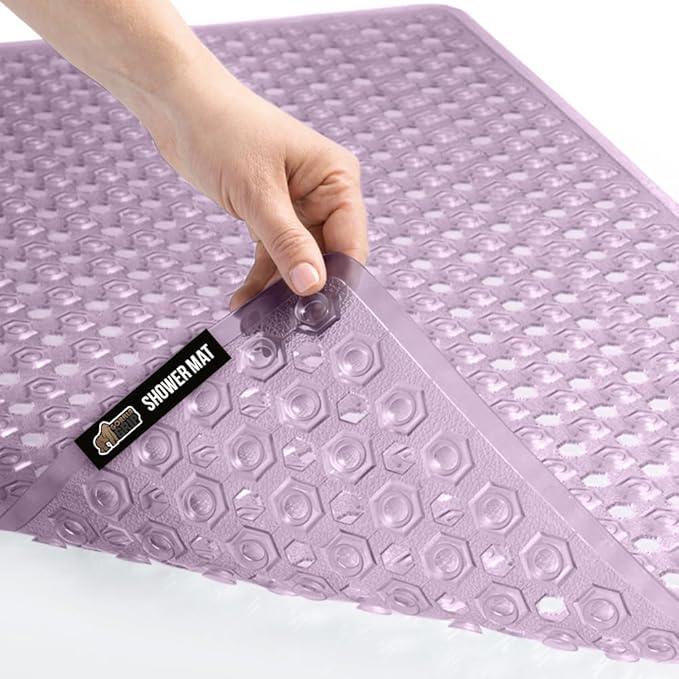 GORILLA GRIP Patented Bath Tub Shower Mat, Machine Washable Bathtub Floor Liner Mats, Suction Cups and Drain Holes to Keep Tubs Clean, Soft on Feet, Bathroom Essentials, 35x16 Inch, Clear Purple - ModernBath