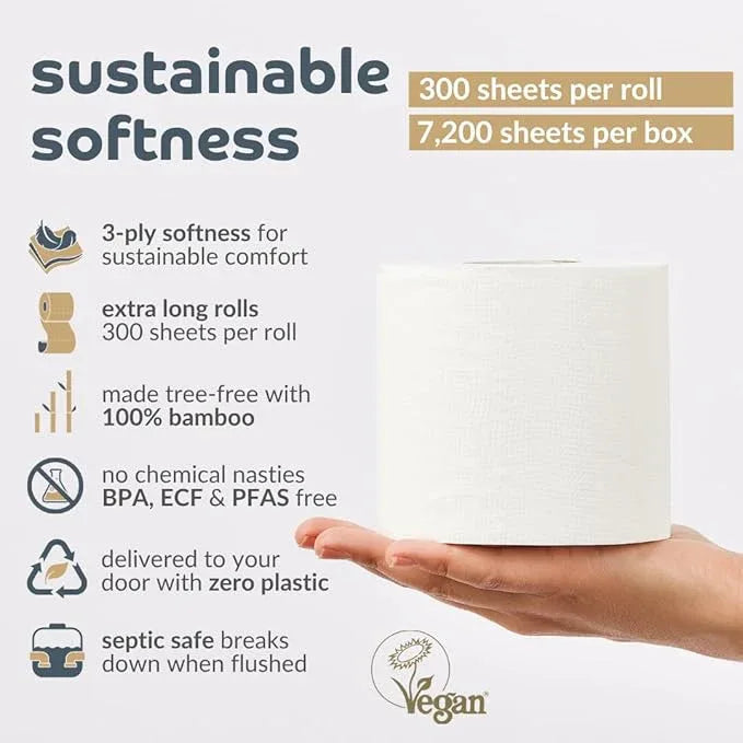 Bumboo Bamboo Toilet Roll 24 Pack | Toilet Paper 3 ply, 300 Sheets | Plastic-Free, Soft, Strong, Sustainable & Biodegradable Toilet Tissue - ModernBath