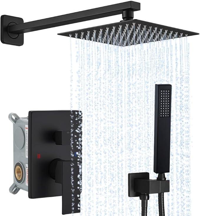Matte Black Shower System YCAIKOI Wall Mount Shower Faucet Set for Bathroom 10 Inch High Pressure Luxury Shower Head with Handheld, Rough-in Valve Body and Trim Included - ModernBath