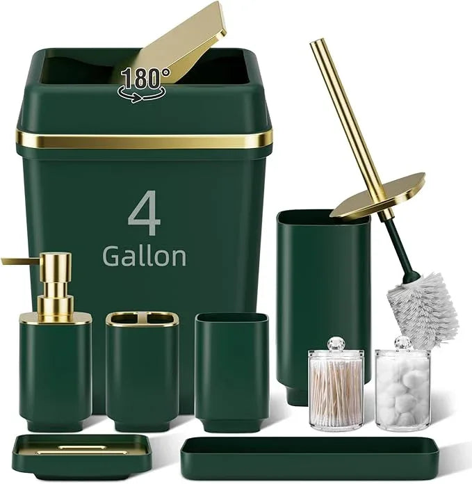 9PCS Bathroom Accessory Set, Dark Green Bathroom Set with Large-Capacity 4 Gallon Trash Can, Bathroom Accessories Set Complete, Toothbrush Holder, Soap Dispenser, Toilet Brush, Bathroom Decor - ModernBath