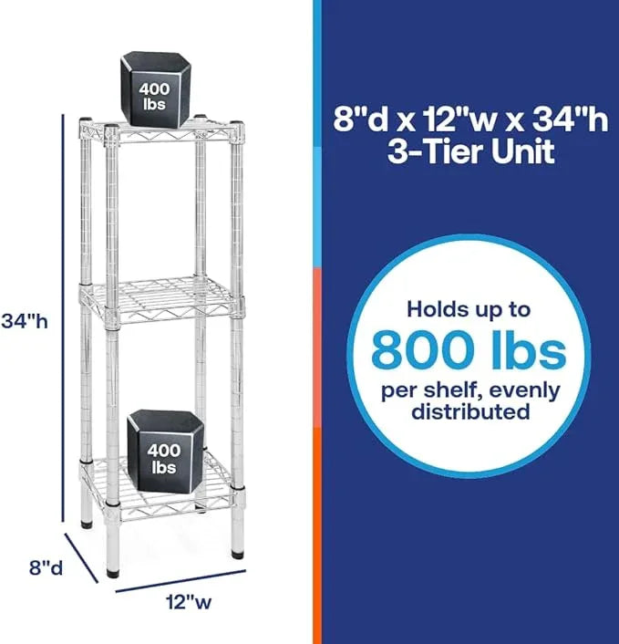 Shelving Inc. 8" d x 12" w Chrome Wire Shelving with 3 Tier Shelves, Weight Capacity 800lbs Per Shelf - ModernBath