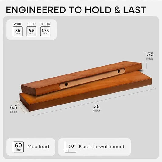 Homeforia Oak Floating Shelves 36 inches Long, High End Solid Real Wood 36 inch Floating Shelf for Room Wall, Honey Oak Wooden 36inch Kitchen Shelves, Heavy Duty Bracket, 36 X 6.5 X 1.75 in, Set of 3 - ModernBath