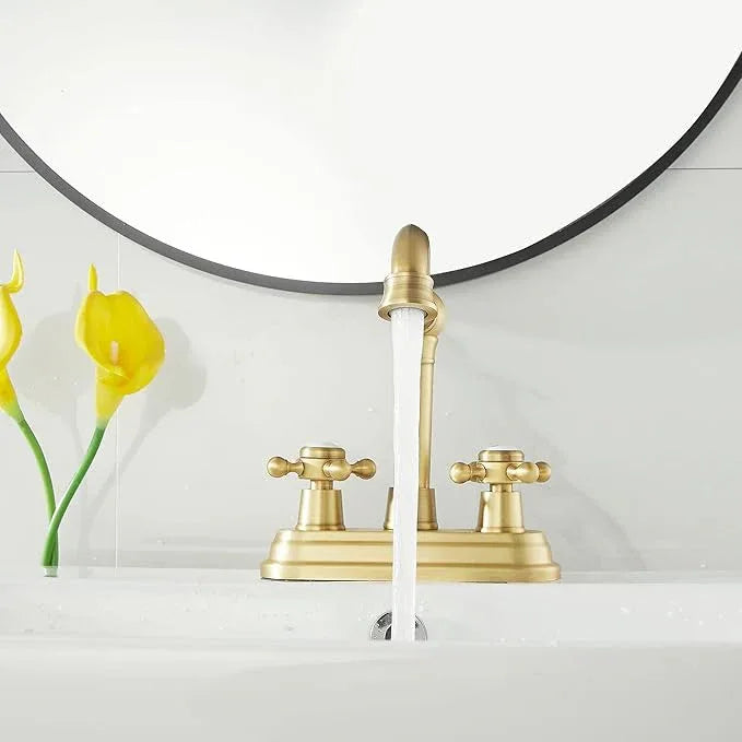 GGStudy Bathroom Faucet Antique Brass 2 Handles 4 Inches Centerset Bathroom Vanity with Drain Assembly and Supply Hose Lavatory Faucet - ModernBath