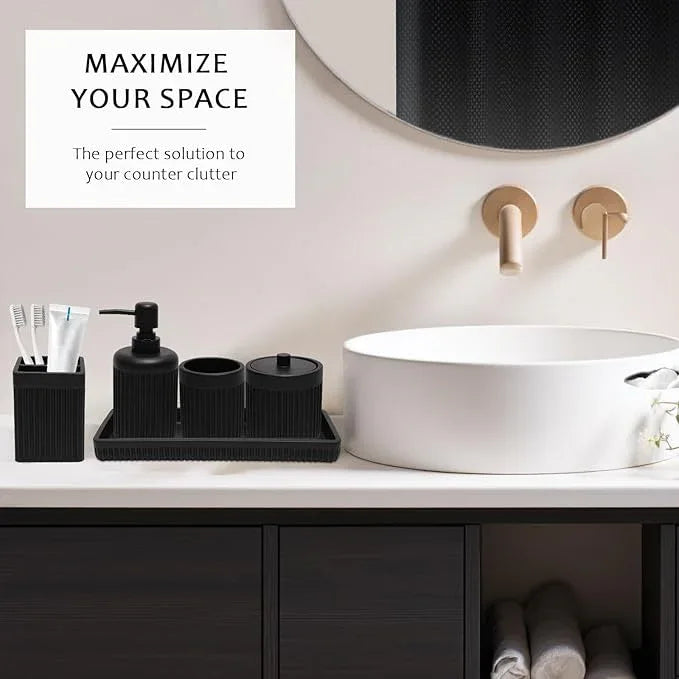 XLHOMO 8-Piece Matte Black Bathroom Set - Luxury Resin Bathroom Accessories Sets Complete with Shower Curtain and Rugs, Soap Dispenser, Toothbrush Holder, Cup, Apothecary Jars & Tray - ModernBath