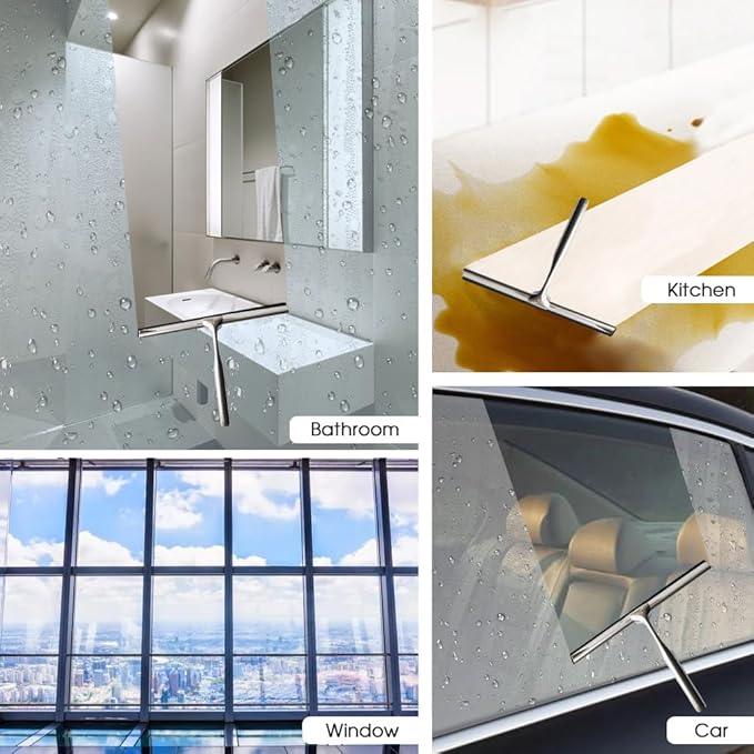 Shower Squeegee for Glass Doors Stainless Steel with Self Adhesive Hook Window Squeegee for Shower Door Bathroom Mirror Wiper, Window Glass Cleaning - ModernBath