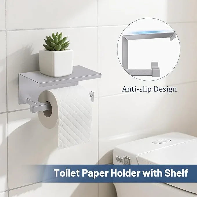 TURS 5-Pieces Brushed Nickel Bathroom Hardware Accessories Set 23.6" Towel Bar Set Wall Mounted Square Toilet Paper Holder with Shelf Stainless Steel - ModernBath