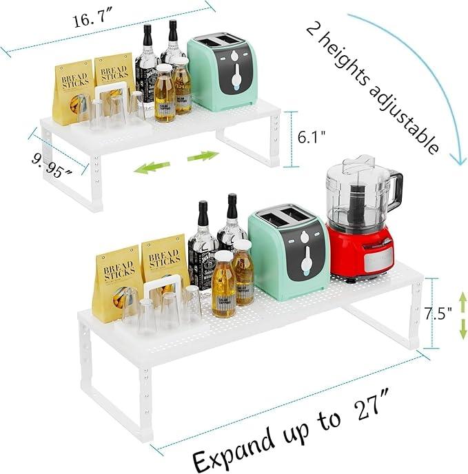 Expandable Cabinet Shelf Organizer Storage Spice Rack Shelves for Kitchen Stackable Adjustable Pantry Cupboard Bathroom Countertop Desktop(1Pack/White/Large-with Hole) - ModernBath