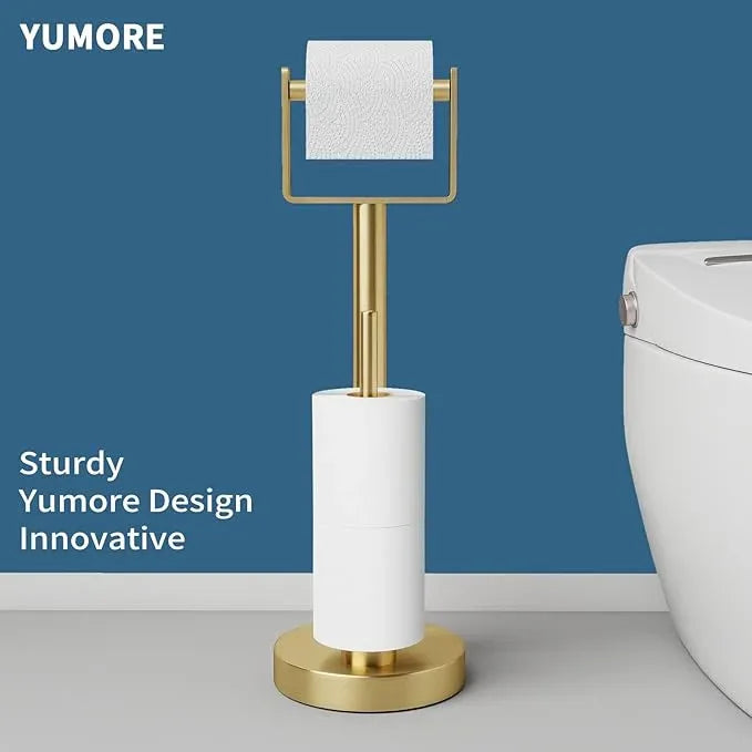 YUMORE Toilet Paper Holder Stand with Storage, Bathroom Weighted Base Floor Toilet Paper Roll Holder Free Standing for 3 Rolls, Gold - ModernBath