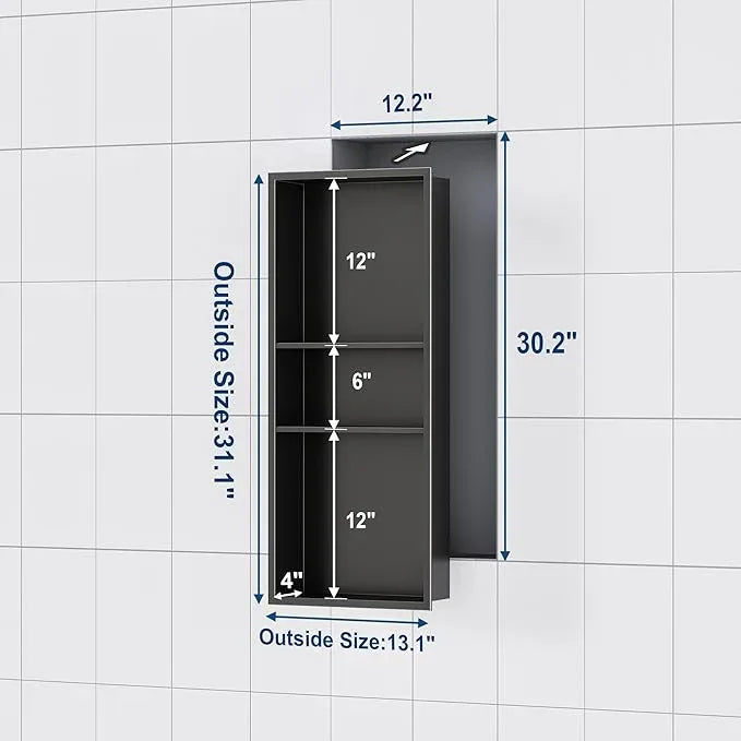 Qeke Stainless Steel Shower Niche 12" X 30", No Tile Needed Wall Niche Three-Tiers, Recessed Shower Shelf for Bathroom Storage, Matte Black - ModernBath