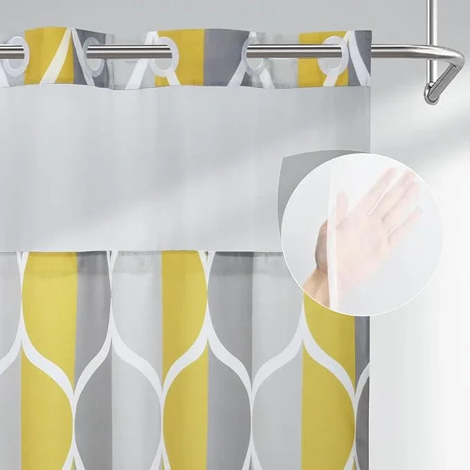 Yiatn Gray Yellow No Hook Shower Curtain with Liner Attached - Hotel Style with See Through Mesh Top Window, Modern Geometric Waterdrop Design,Waterproof and Washable, 71x74 INCH - ModernBath
