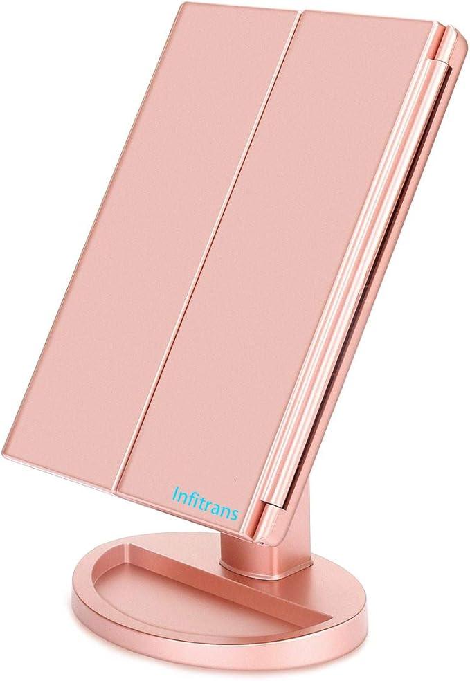 Infitrans Trifold Makeup Mirror Vanity Mirror with Lights,1X 2X 3X Magnification,Touch Control,Adjustable Rotation,Dual Power Supply,Portable Travel Cosmetic Mirror,Birthday Gifts for Women,Teengirls - ModernBath