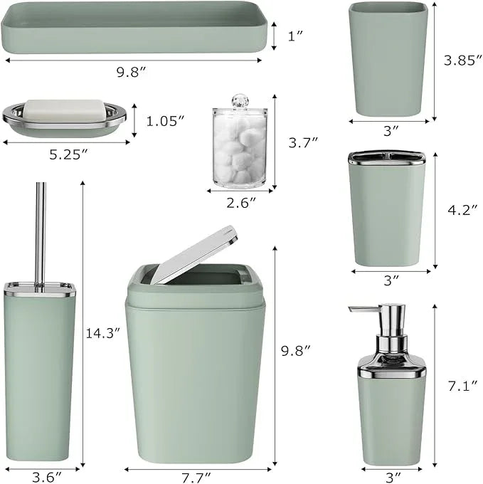 XLHOMO Bathroom Set, Sage Green Bathroom Accessories Set with Press-on Lid Bathroom Trash Can, Soap Dispenser, 10PC Bathroom Accessory Set for Home - ModernBath