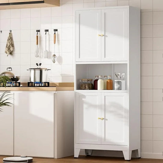Metal Kitchen Pantry Cabinet, 69" Tall Storage Cabinet with 4 Doors and 3 Adjustable Shelves, Freestanding Cupboards for Dining Room, Living Room, Bathroom (White, 69" H) - ModernBath