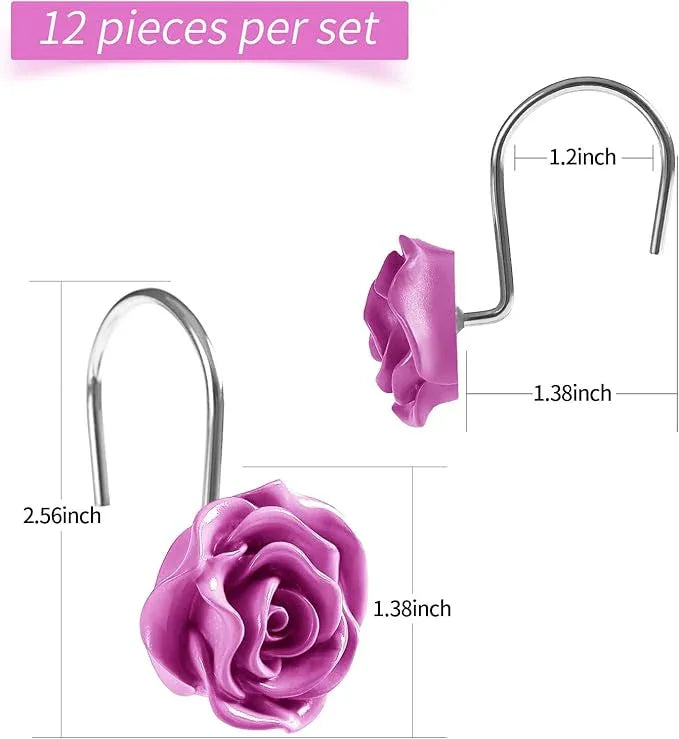 Litabel Rose Flower Shower Curtain Hooks 12PCS,Home Decorative Burgundy Rose Shower Curtain Hooks Metal Rustproof Cute Rose Flower Shower Hooks Rings Bathroom Shower Rods Decoration Accessories - ModernBath