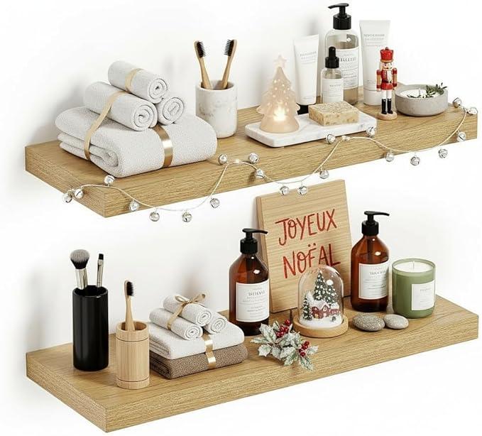 Vivelove Oak Floating Shelves 24 inchs Long, 9.1” Deep Bathroom Shelves Wall Mounted for Bedroom, Living Room, Kitchen, Office, Rustic Home Decor, Wall Shelves with Invisible Brackets, Set of 2 - ModernBath