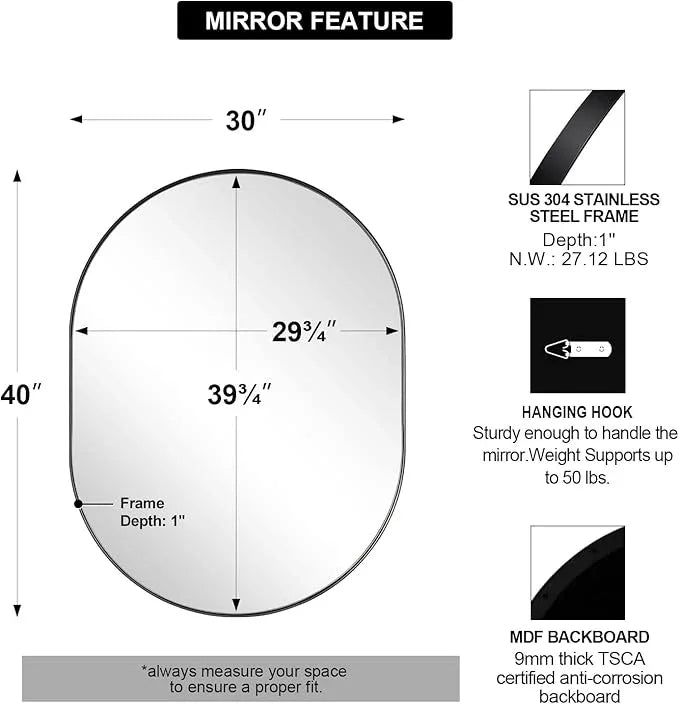 ANDY STAR Large Oval Black Bathroom Vanity Mirror, 30x40 Inch, Stainless Steel Metal Frame, Shatterproof Glass, Wall Mounted - ModernBath