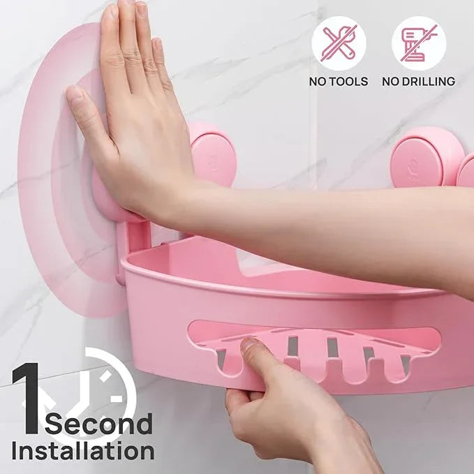 LEVERLOC Corner Shower Caddy Suction Cup, Shower Caddy Basket Powerful Suction Bathroom, Waterproof & Rustproof Organizer for Bathroom Storage, No-Drilling Removable (Pink) - ModernBath