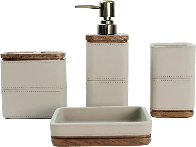 Hymmah Leather Pattern Design Bathroom Accessories Set,Farmhouse Bathroom Decor,4 Pcs Resin Gift Set Apartment Necessities, Contain Cotton Swab Jar,Soap Dispenser,Tumbler，Soap Dish/Tray - ModernBath