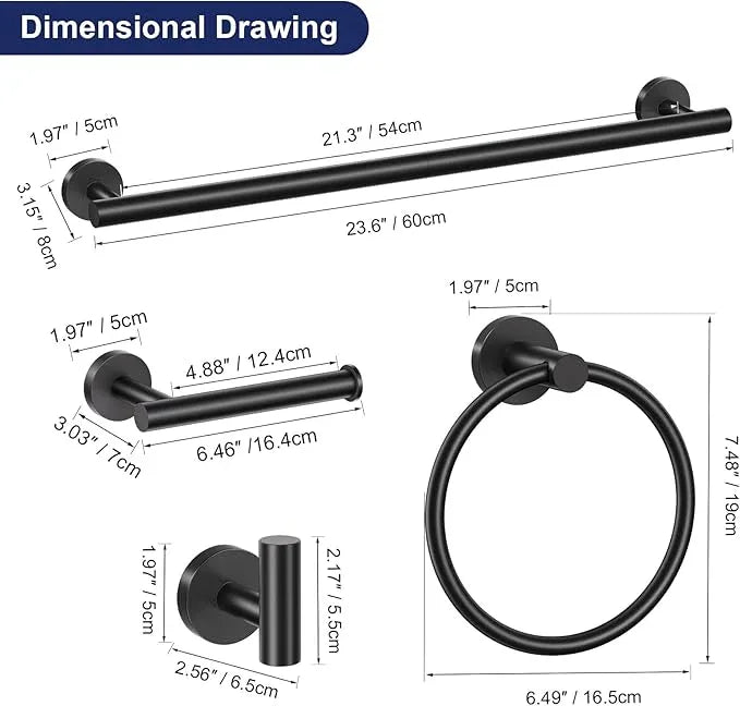 Lairuier 5 Pieces Matte Black Bathroom Accessories Set, 23.6 Inch Bath Towel Bar Set, SUS304 Stainless Steel Bathroom Hardware Set Round Toilet Paper Holder Set Wall Mounted - ModernBath