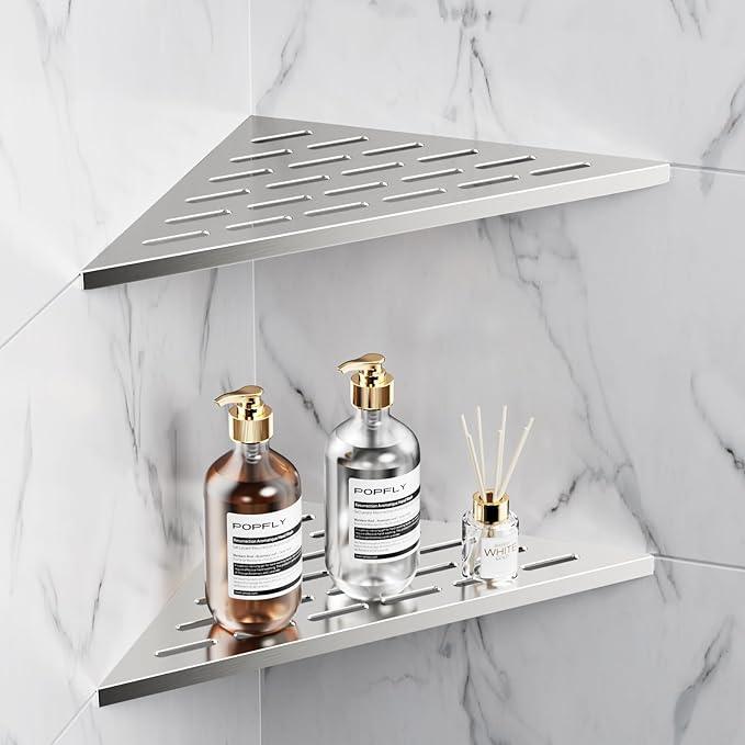 POPFLY 10" Silver Stainless Steel Corner Shower Shelf 2PCS, 304 SS Recessed Bathroom Shelves for Tile Walls, No Drilling Needed, Floating Shower Caddy with Drainage Slots, PF7501L - ModernBath