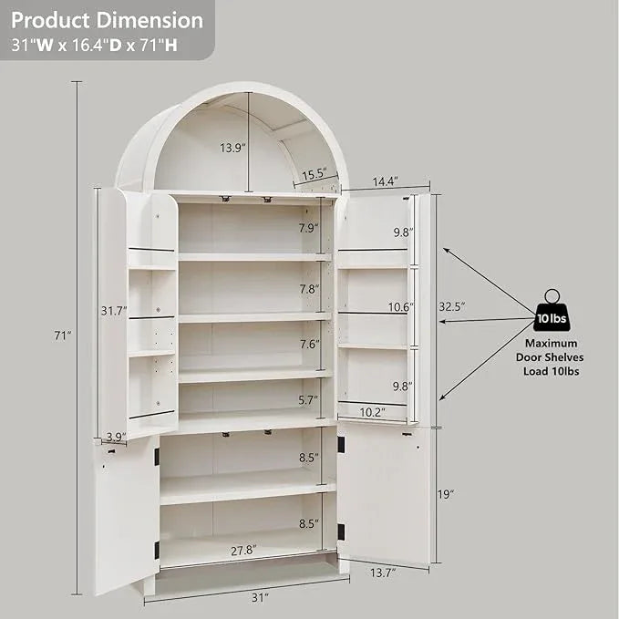 71" Tall Arched Bathroom Storage Cabinet, Modern Fluted Storage Cabinet w/Doors, 3 Adjustable Shelves, 6 Door Shelves, Wood Freestanding Cabinet for Bathroom, Entryway, Hallway, Antique White - ModernBath