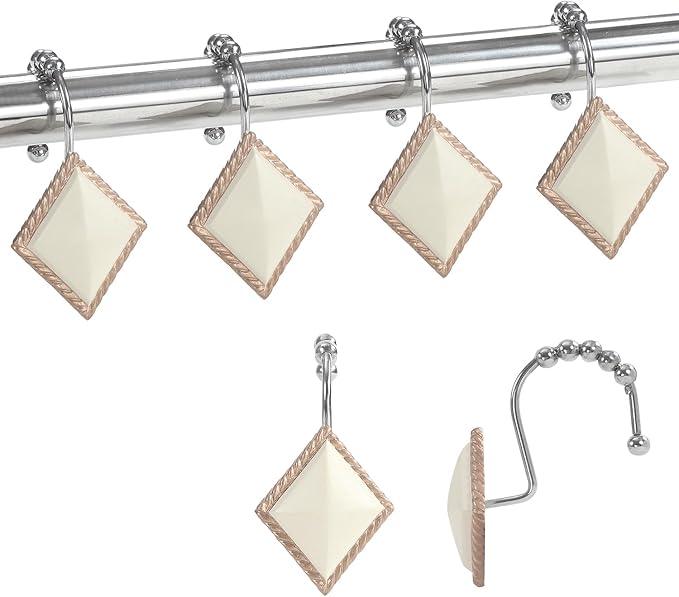 Decorative Beige Shower Hooks, 12-Pack with 5 Smooth-Glide Roller Balls, Rust-Resistant for Bathroom Bedroom Living Room Decor - ModernBath