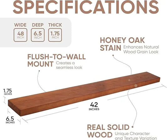 Homeforia Oak Floating Shelves 42 inch Long, High End Solid Real Wood 42inch Floating Shelves for Wall Mounted, Honey Oak Wooden 42in Floating Shelf, Heavy Duty Bracket, 42 X 6.5 X 1.75 in, Set of 3 - ModernBath