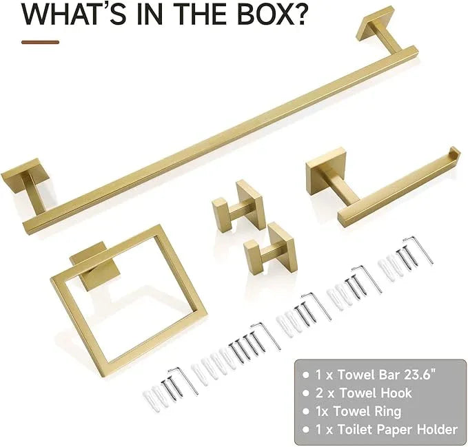 TQKAG 5-Piece Bathroom Accessories Set Brushed Gold Bathroom Hardware Set SUS304 Stainless Steel Classic Wall Mounted Towel Bar Sets 23.6" Towel Rack for Bathroom, Brushed Gold - ModernBath