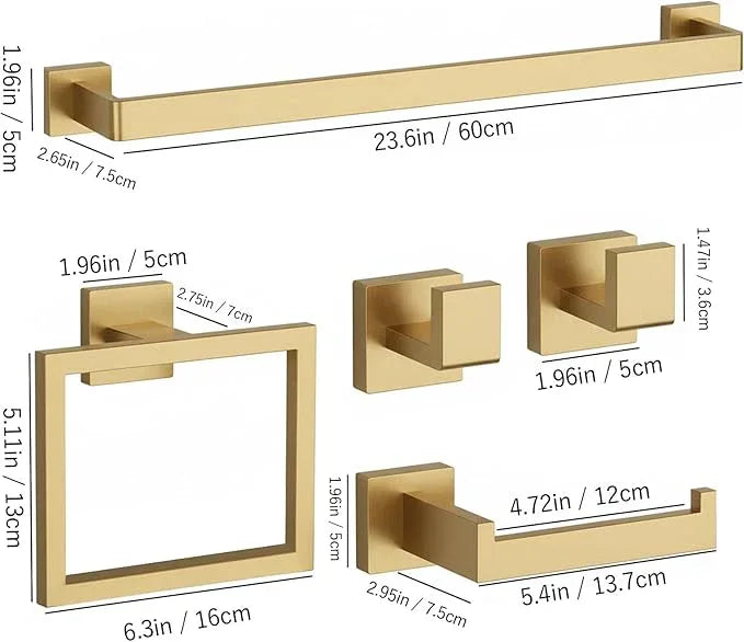 20-Piece Brushed Gold Bathroom Accessories Set – 23.6" Towel Bar, Towel Ring, Toilet Paper Holder & Hooks, Wall Mounted Bathroom Hardware, Rust & Corrosion-Resistant, Ideal for Modern Bathrooms - ModernBath